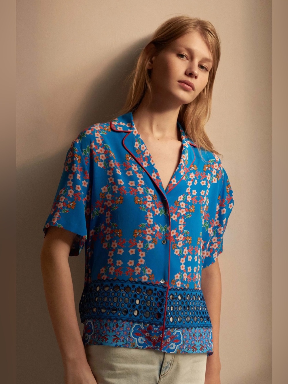Sandro Paris Blue Floral Eyelet Shirt Size 1 US 4 Small